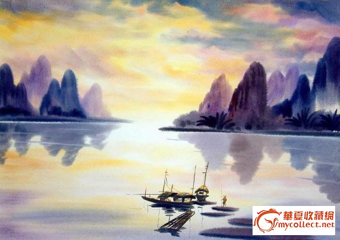 4幅水彩画 漓江山水>