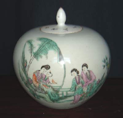 民国景德镇精细瓷名家手绘粉彩人物大西瓜罐 