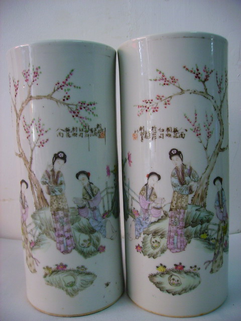 民国桃花美女图帽筒 一对>