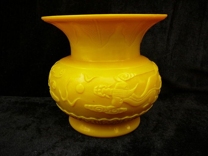 料器 鸡油黄 浮雕龙纹小盂-料器 鸡油黄 浮雕龙