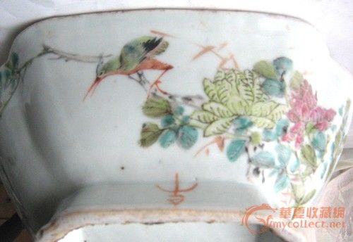 光绪中期(1893年)名家义兴作粉彩花鸟四方倭角