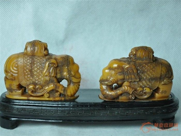 寿山石 太平有象 摆件一对-寿山石 太平有象 摆