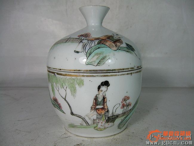浅绛绘瓷名家杨青山人物画参罐