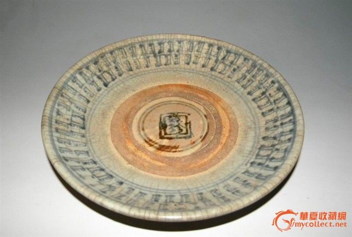 明代珍字款哥釉青花梵文寿字盘_明代珍字款哥