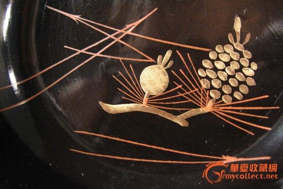 日本漆器,昭和时期金莳絵松图纹样黑漆盘九个