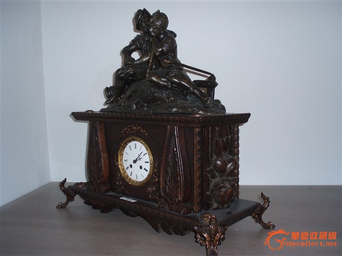 十九世纪法国木底座合金人物雕塑钟_十九世纪
