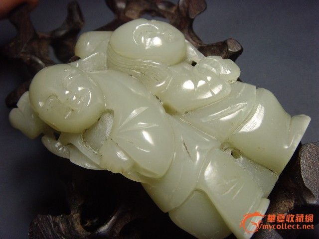 开门清代的和田青白玉和合二仙手把件_开门清