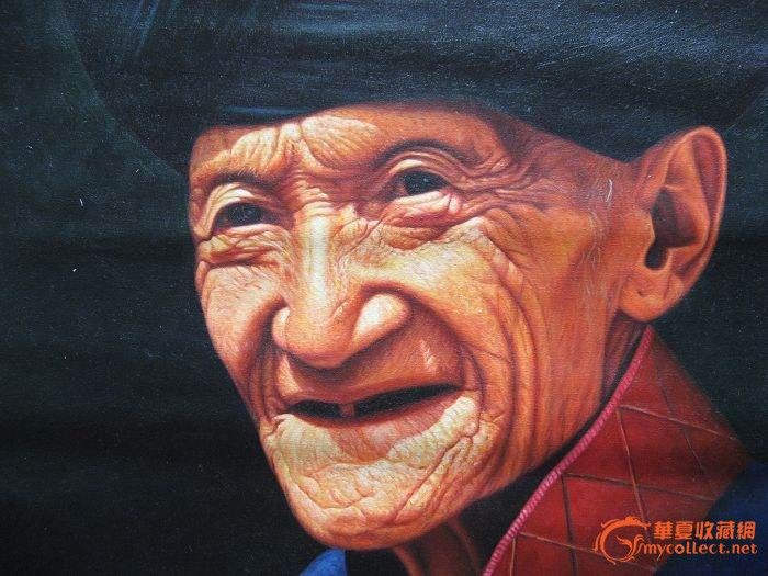 4135油画-红衣领的苗族老头_4135油画-红衣领