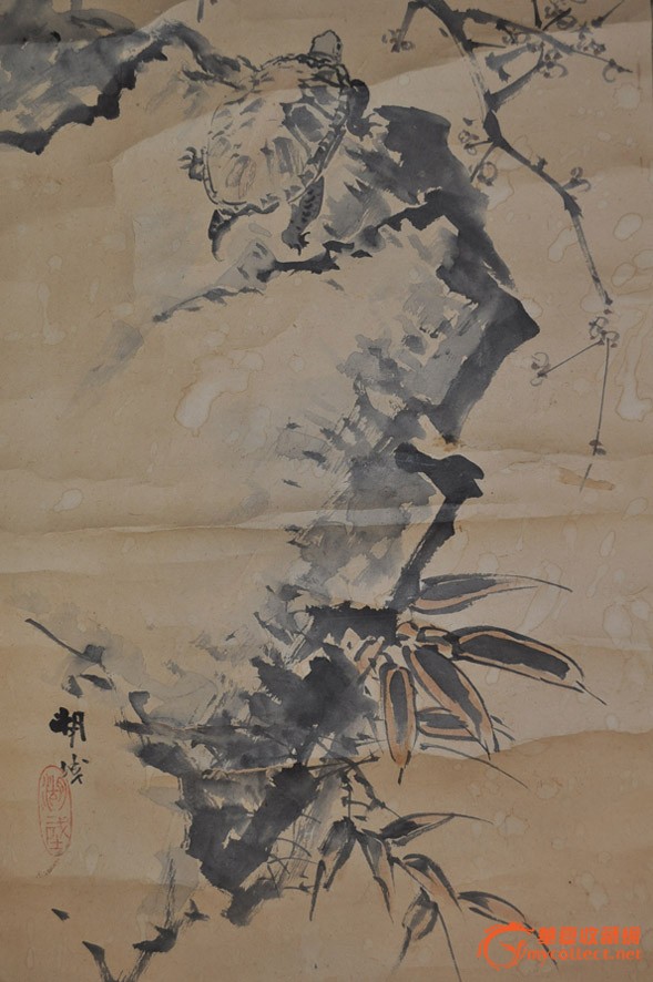 民国日本画家湖城手绘水墨淡彩画《寿龟梅竹図