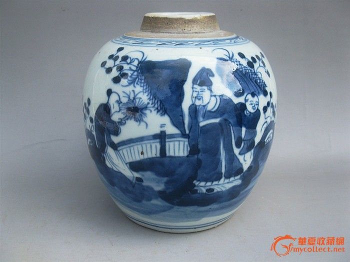 清-青花-陶渊明爱菊图茶叶瓶(全品相)图片