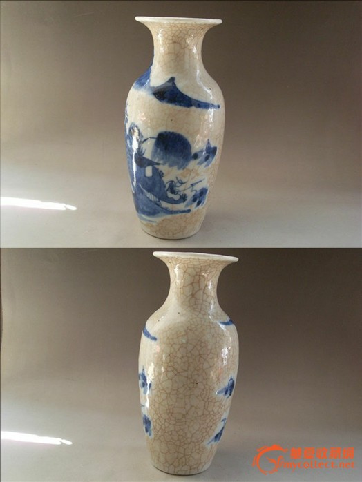 清代青花哥釉山水人物垂钓赏瓶 全品