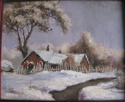 村边雪景-油画