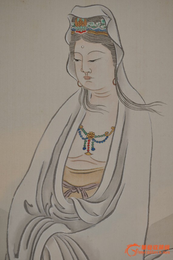 昭和时期日本画家云外手绘神像画《白衣观音像》立轴