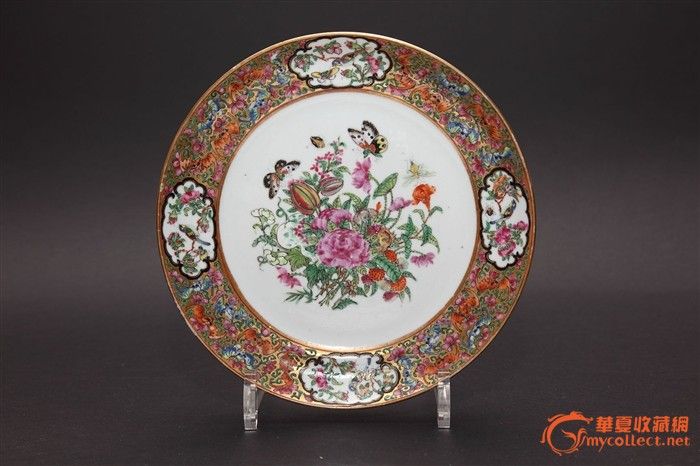 清晚期 广彩开光花蝶草虫纹盘