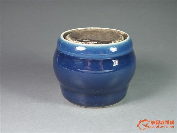 民国时期.蓝釉彩秀堂制款小开孔文房水盂-民国