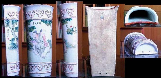 光绪年名家颜筱云浅绛彩人物花插