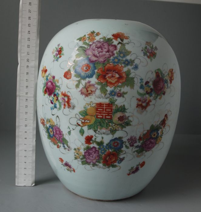 地摊 瓷器 粉彩贴花喜子罐