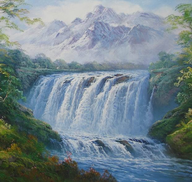 大幅风景油画【雪山瀑布】 140cmx100cm