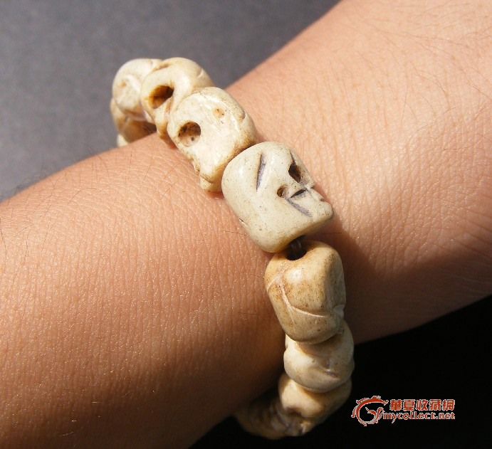 老羚羊骨雕通天孔骷髅佛珠手钏一件(绝对少见 藏区特色 老加持灵骨
