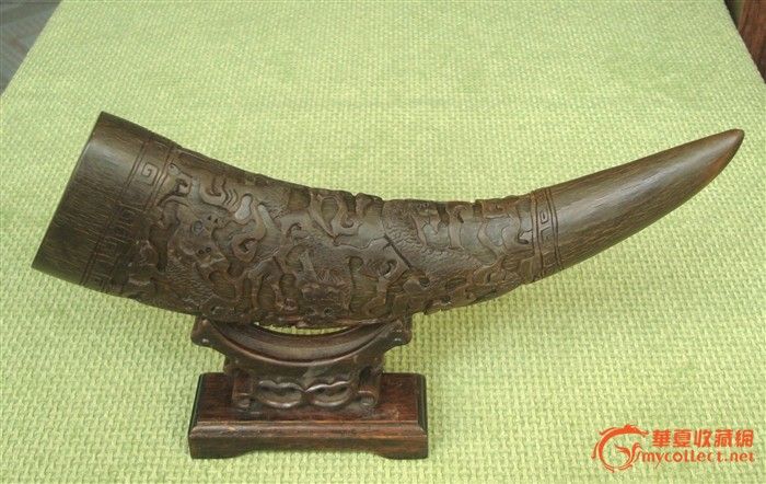 [民国2]高浮雕四龙图老牛角摆件[原配老红木底座]