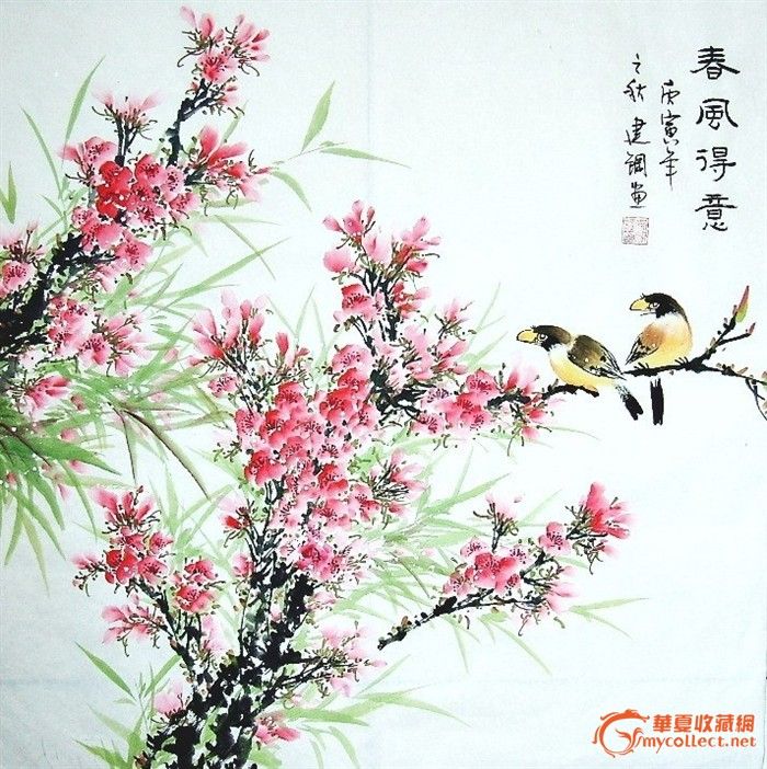 李建钢四尺斗方国画桃花鸟《春风得意》68*68cm