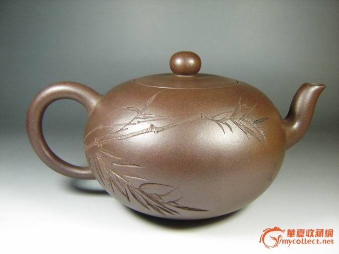 家藏早期精典紫砂壶/600cc大品老紫泥景舟圆珠壶/石羽刻饰