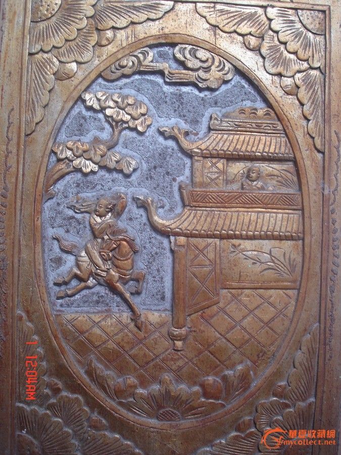 民国樟木浮雕芙蓉花楼台尊长观梧桐少年跃马油银屏心一对