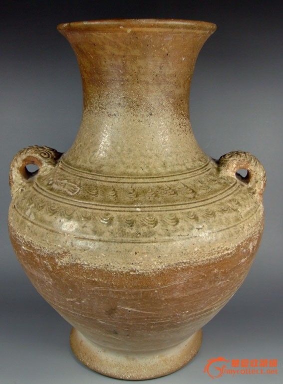 汉原始青瓷水波纹双兽耳美人瓶