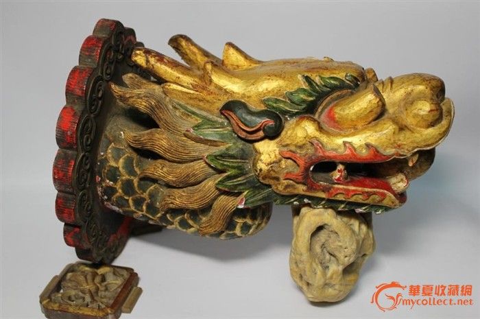 老木雕漆彩龙头摆件(保真藏品)